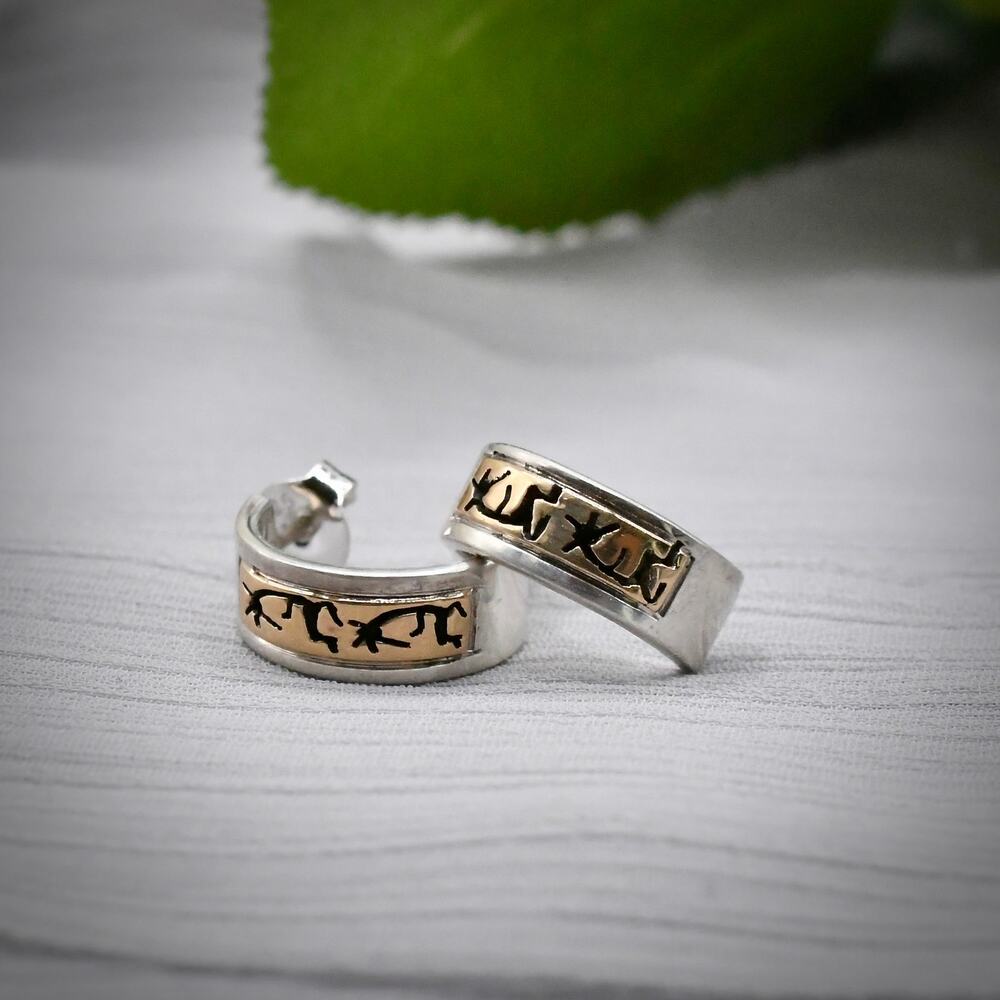 Vintage Navajo Peggy Skeets 14K Gold Sterling Silver Overlay J Hoop Earrings 925